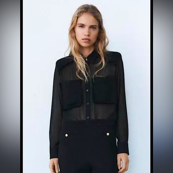 Zara Tops - Zara Semi Sheer Tweed Pocket Black Blouse, woman’s size large blouse